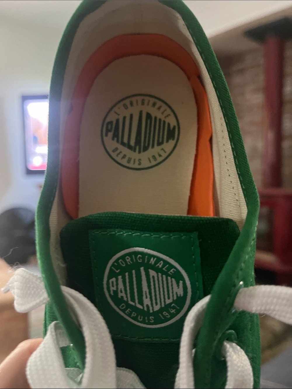 Palladium Kids Green Canvas Sneakers with White Laces and Orange Insole